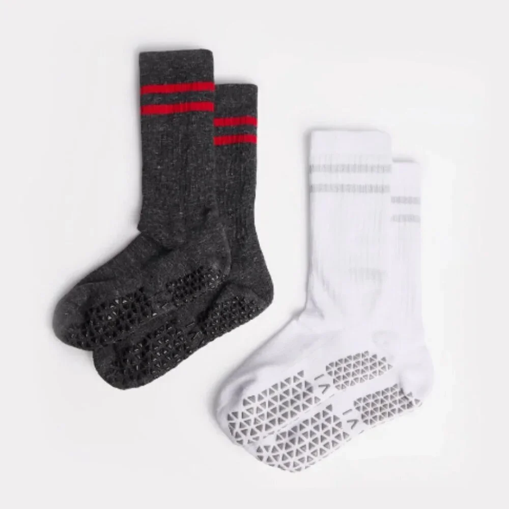 Tavi Kai Grip Socks 2 Pack Grey and Red White NWT Crew Stripe Non-Slip Medium